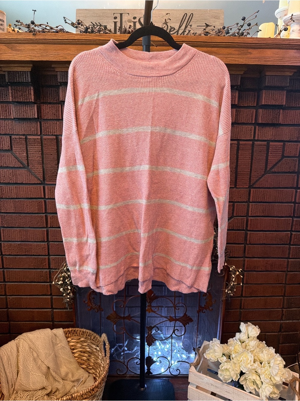 American Eagle Outfitters Pink and Cream Striped Turtleneck Sweater